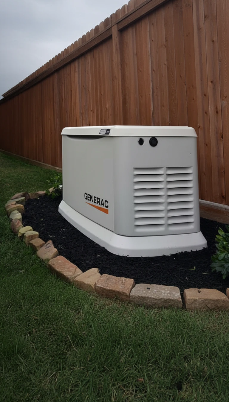 A Generac standby generator is installed on a landscaped bed along a wooden fence in a backyard in chilliwack.