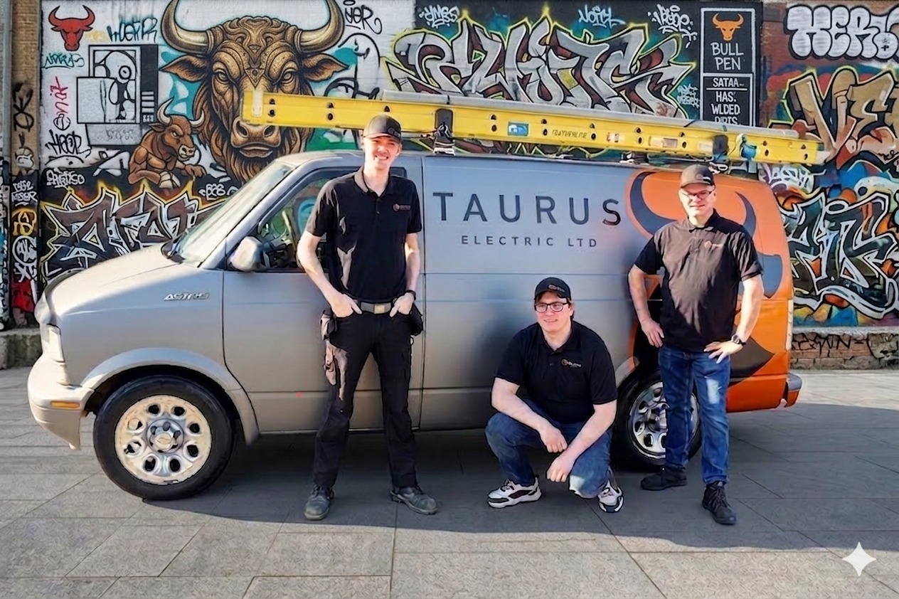 Three Taurus Electric team members in branded shirts and caps in front of a company van.