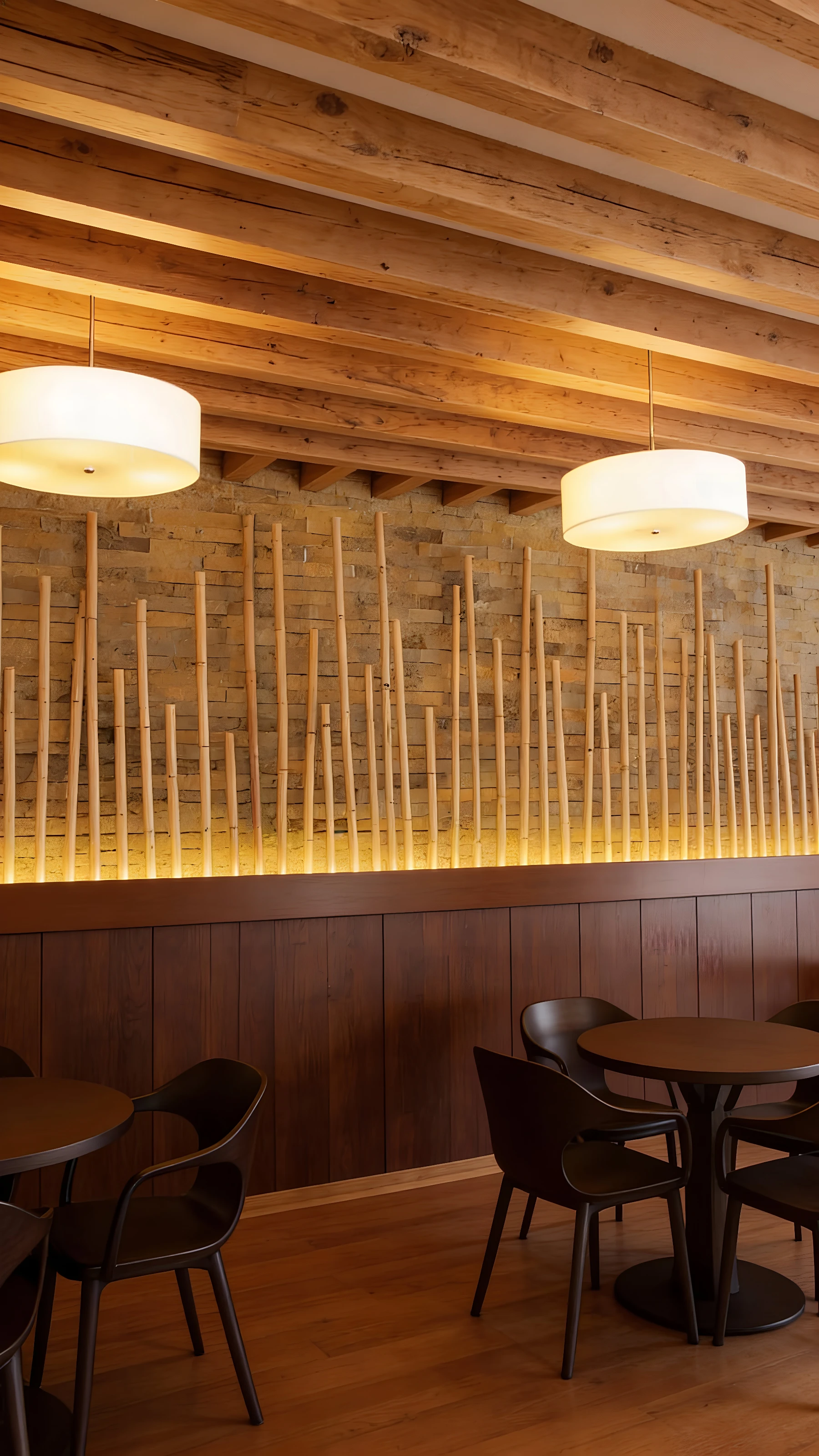 A modern café interior with round tables, dark chairs, wooden slat ceiling, exposed brick wall, vertical wooden rods, and warm pendant lighting.