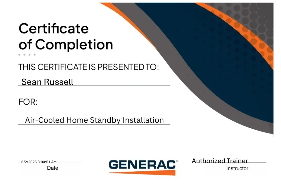 Generac Certificate of Completion for Air-Cooled Home Standby Installation, awarded to Sean Russell.