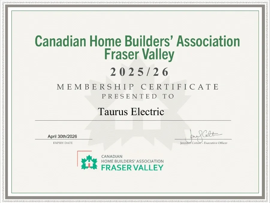 Canadian Home Builders' Association Fraser Valley membership certificate for 2025/26, presented to Taurus Electric, expiring April 30, 2026.
