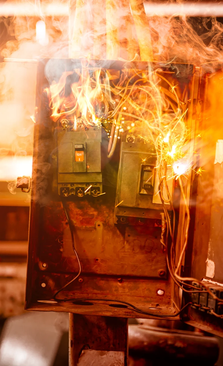 An electrical panel burning with visible flames and sparks, showing signs of a dangerous fire hazard.