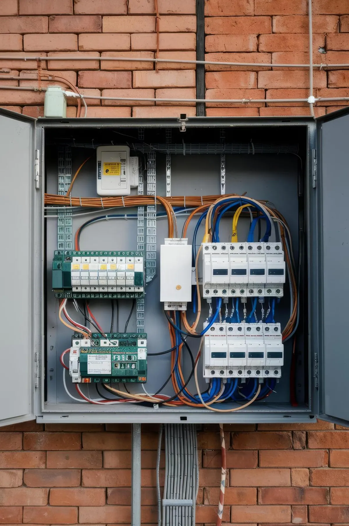 An open electrical panel mounted on a brick wall, showing various circuit breakers, wiring, and electrical components inside.
