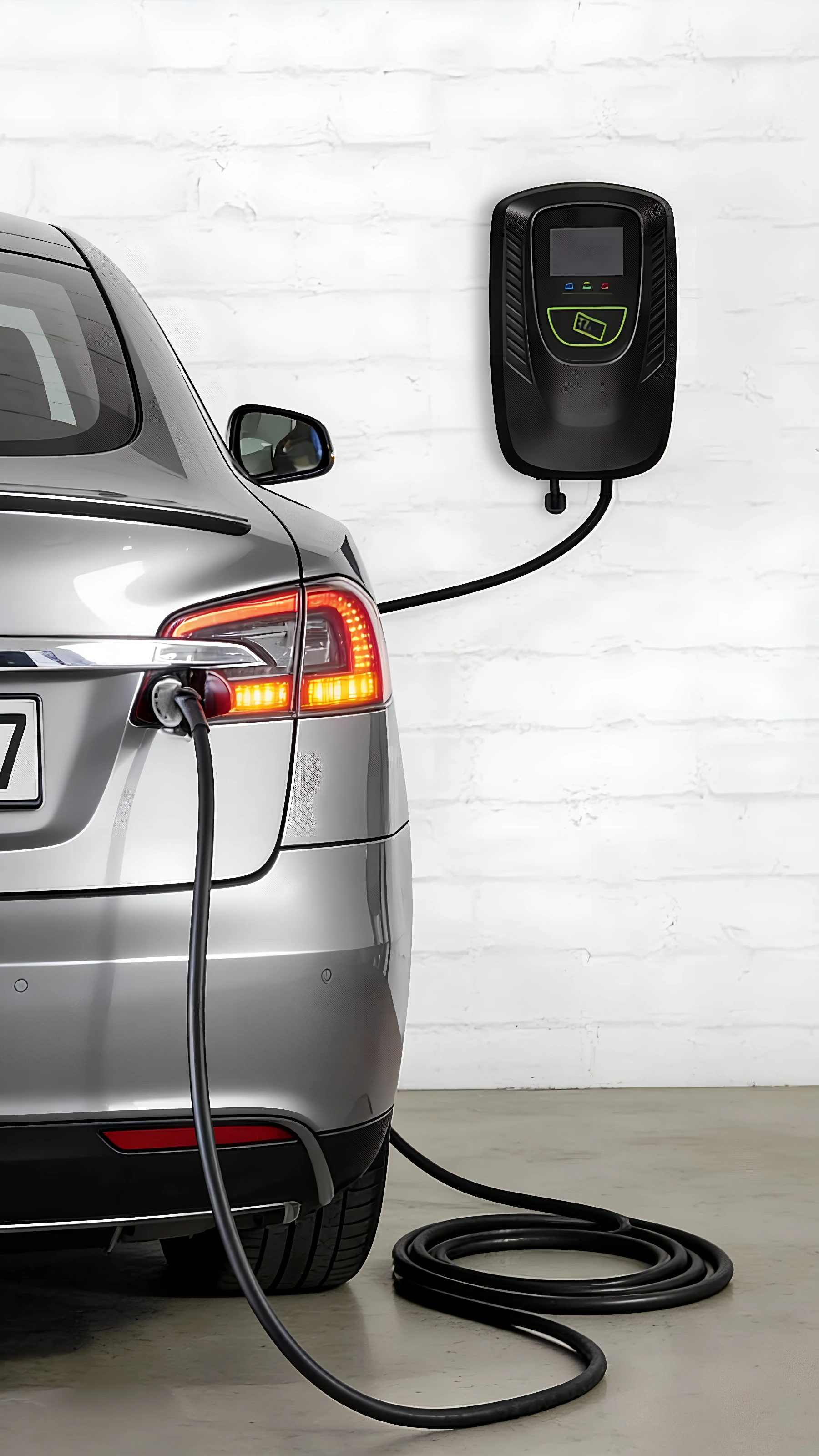 A silver electric car is plugged into a wall-mounted charging station in a garage, with the charging cable visible on the floor.