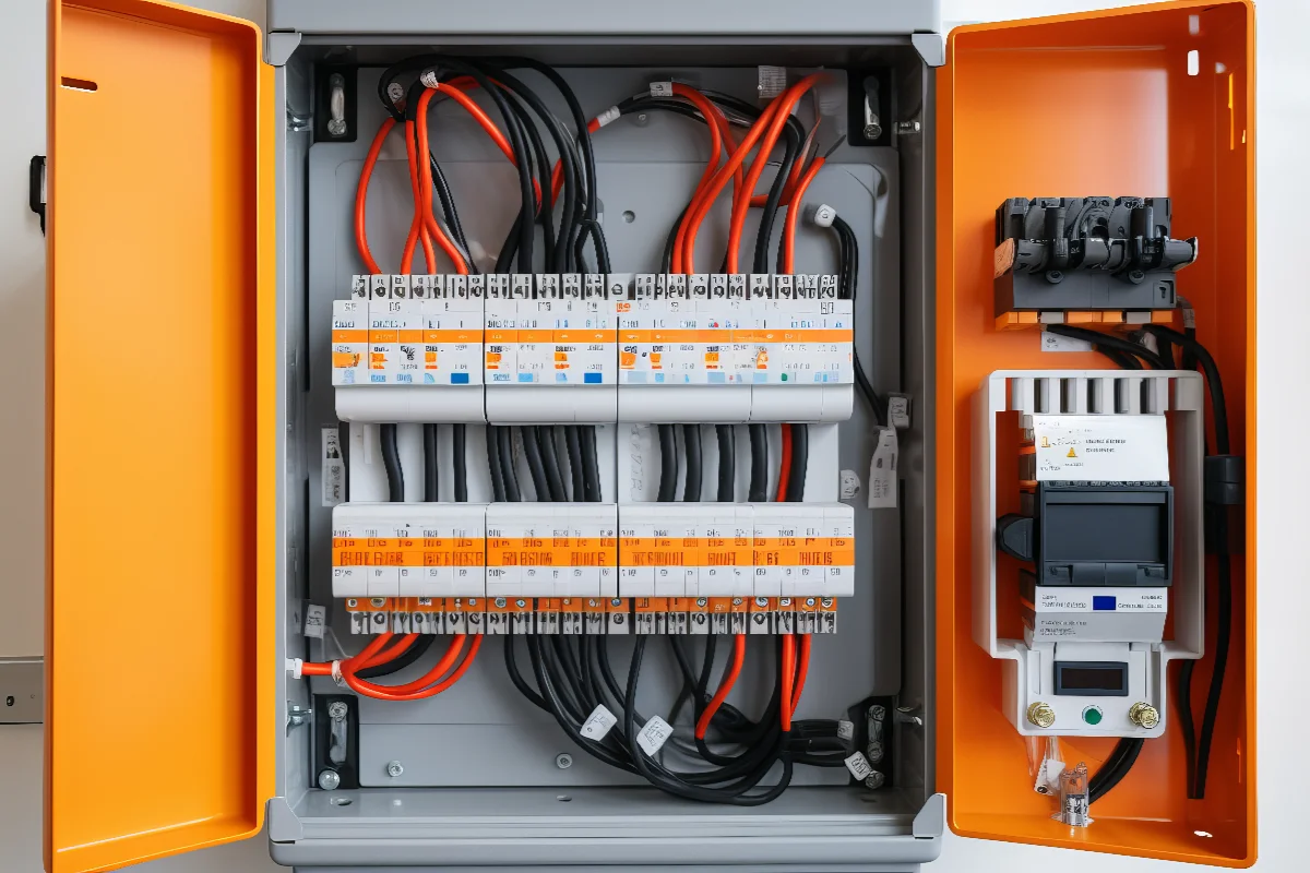 Open electrical panel with organized wiring, circuit breakers, and a digital meter inside an orange and gray cabinet.