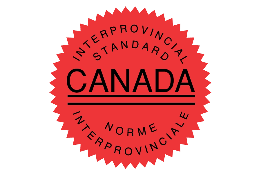 Red circular seal with the words Interprovincial Standard Canada Norme Interprovinciale.