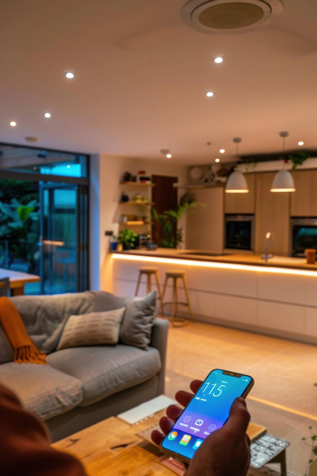 A person holds a smartphone displaying a smart home app in a modern living room.
