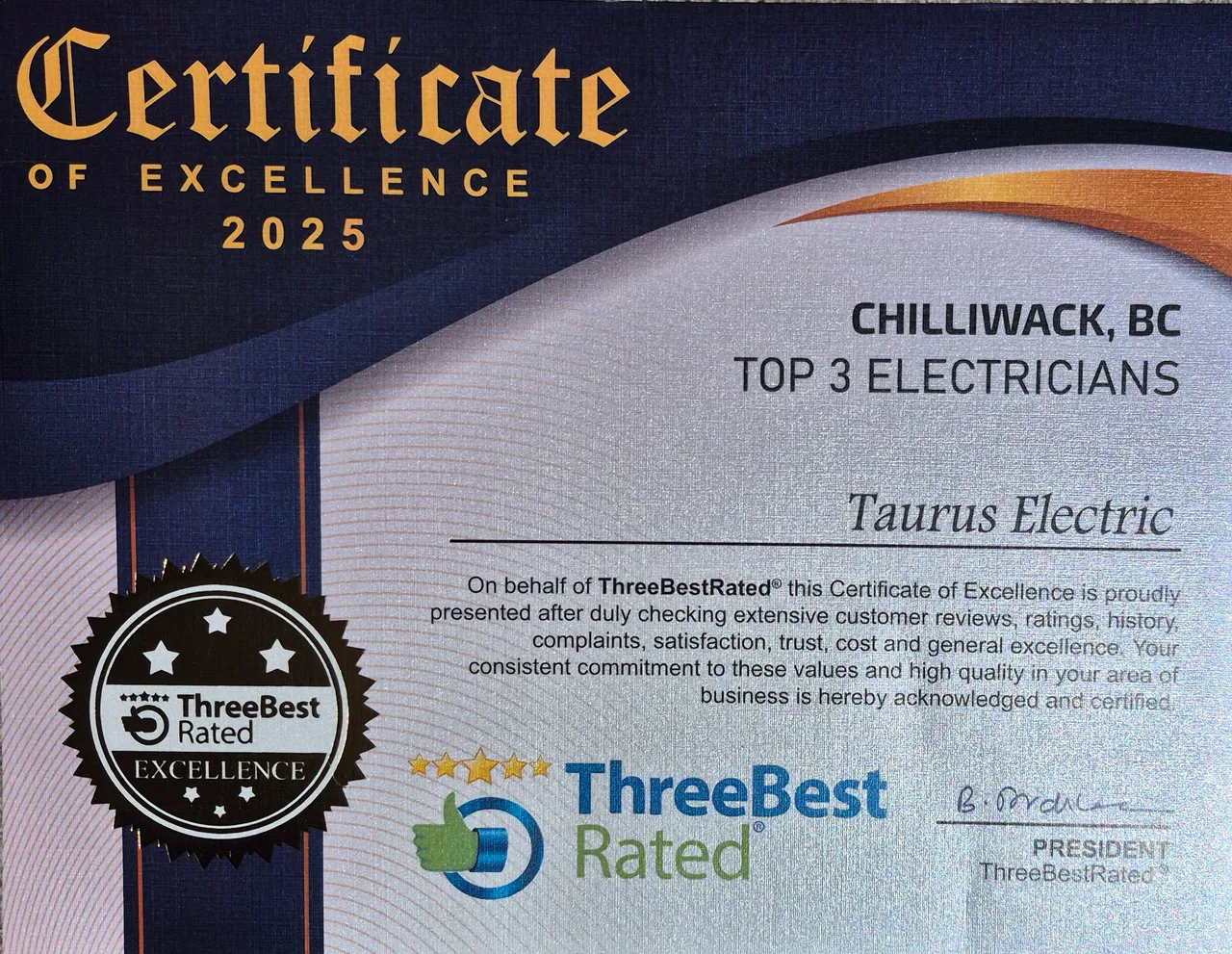 Certificate of excellence awarded to Taurus Electric in Chilliwack BC, recognizing them as a 2025 Top 3 Electrician by ThreeBestRated.