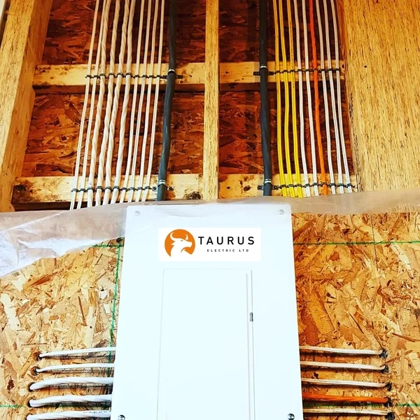 Electrical panel with organized wiring, labeled Taurus Electric Ltd.