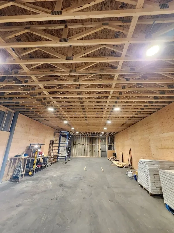 Unfinished room with exposed wooden ceiling trusses and plywood walls.