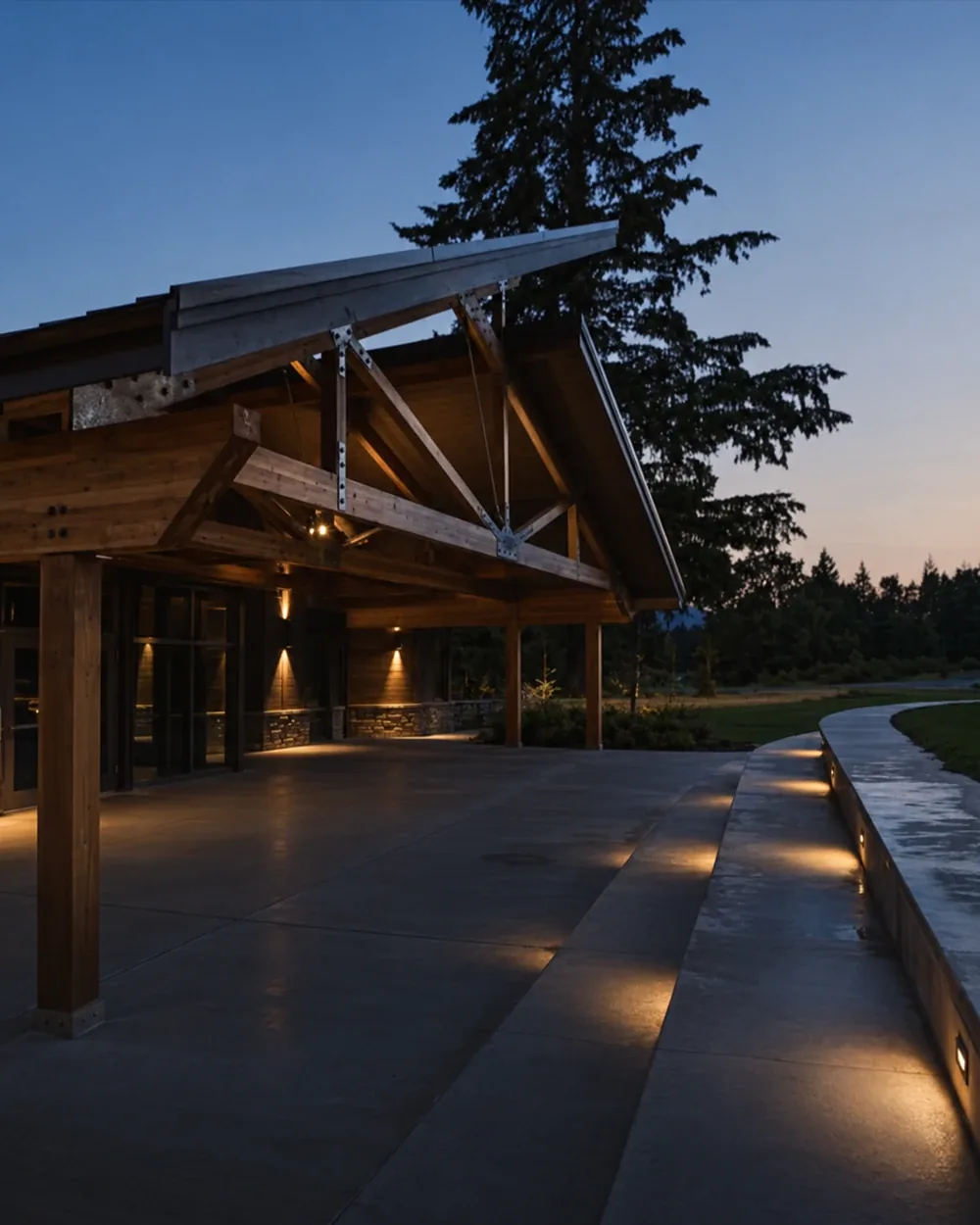 A timber-framed pavilion at dusk in Chilliwack with the soffit lighting and walkway step lights already on.